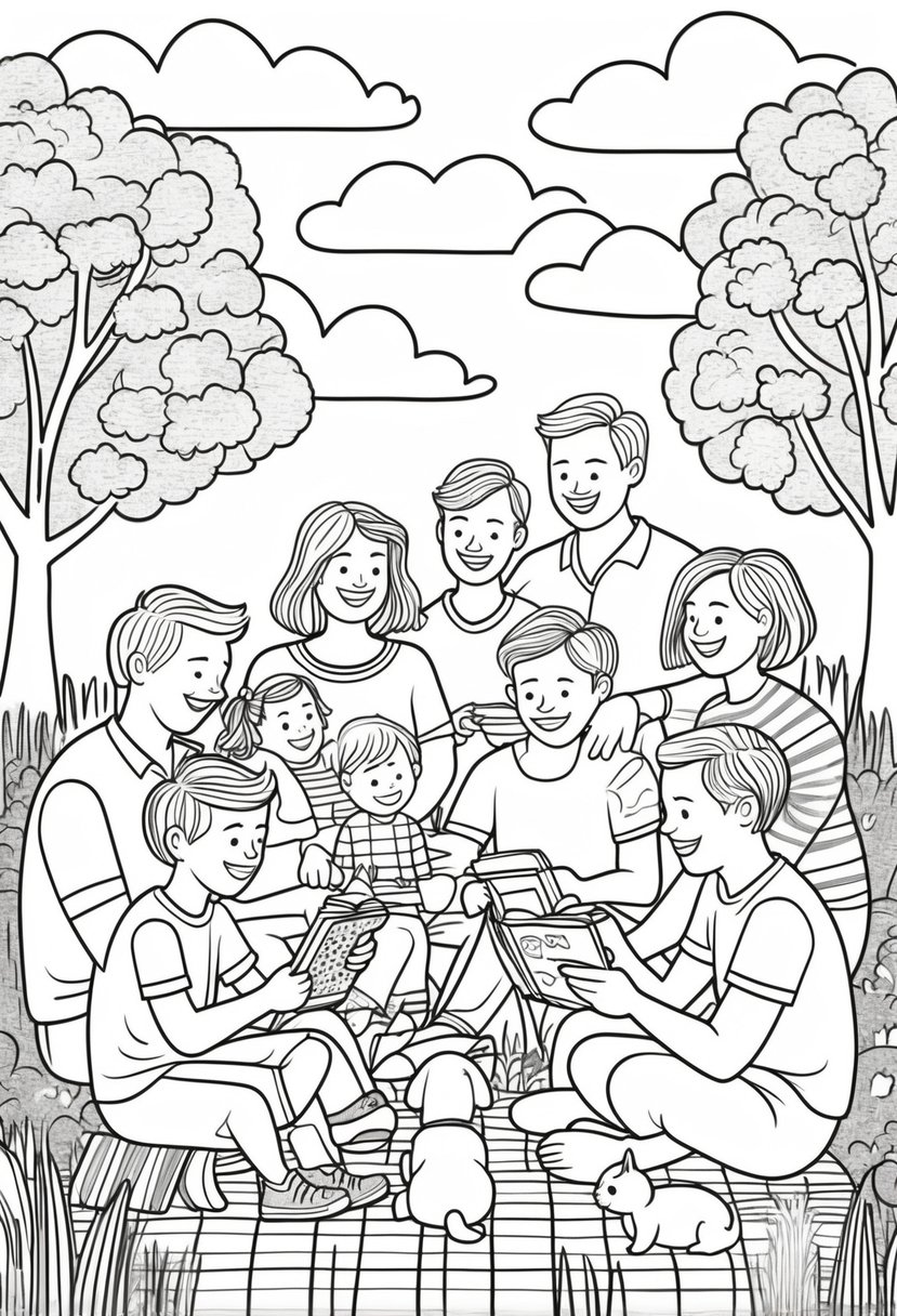 Family Coloring Pages 16 Fun and Creative Designs for All Ages 19 A scene showing two or more gay couples with children playing and enjoying a picnic together in a park with trees, clouds, and a pet.